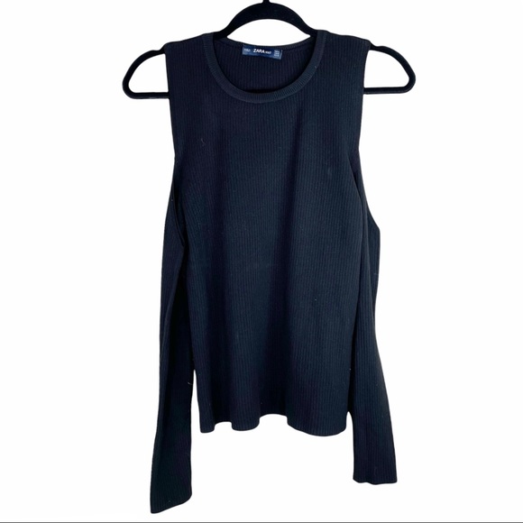 Zara Knit Ribbed Black Cold Shoulder Top - Picture 2 of 7